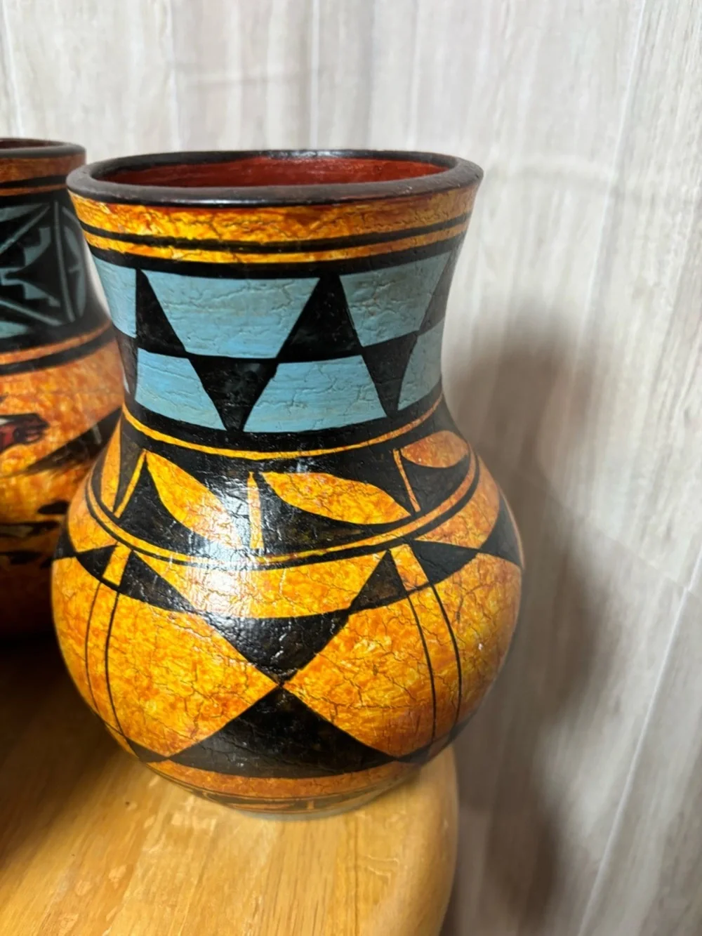 Solis Ollin Mexican Pottery Vases Hand painted Signed in Mexico Horses Cave Art